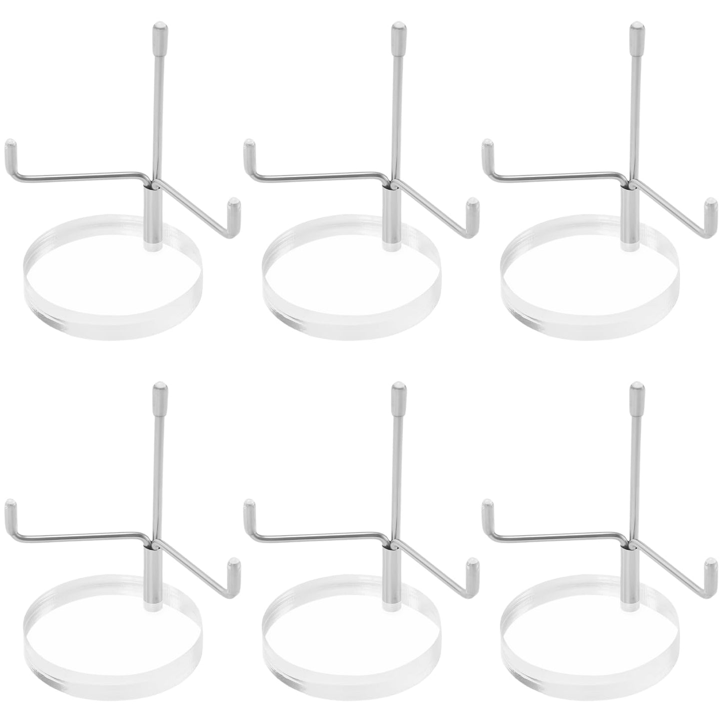 SINJEUN 6 Pack Rock Display Stands, Adjustable Metal Arms Display Easel stand with Round Acrylic Base for Fossil Coral Rock Mineral Agate Crystal, 3.1 Inches Height
