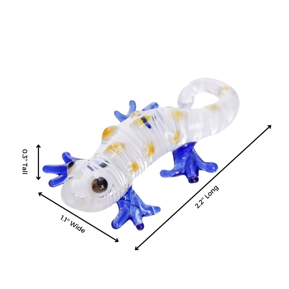 M Audomsak Hand-Blown Art Glass Gecko Figurine – Mini Yellow-Spotted Collectible with Blue Legs, Home Décor & Gift