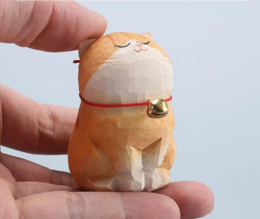 Handcrafted Wooden Orange Cat Figurine – 2.2" Small Carved Ginger Cat Statue – Rustic Wood Mini Cat Sculpture – Cute Home Décor Gift for Cat Lovers & Collectors