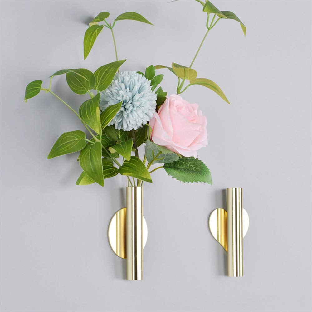 2 pcs Wall Flower Vase Tube Metal Flower Vase, Wall-Mounted Flower Tube for Flower Display,Modern Dried Flower Holder Wall Decoration for Porch Home Office Included Adhesive Material (Gold-Love)