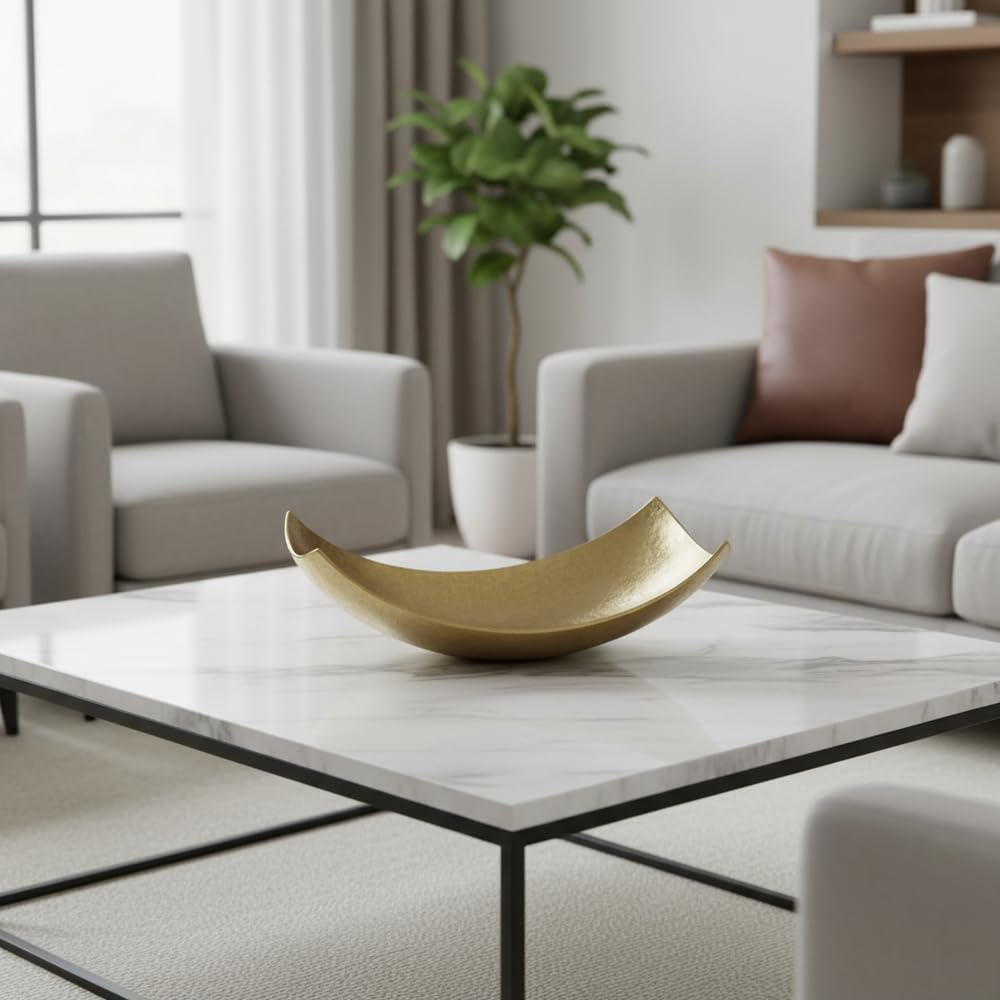 Cucha Large Aluminum Scoop Dish, Gold Finish, Modern Tabletop Décor for Kitchen, Home or Office – Use as Nut Tray, Key Holder, Change Dish, or Coffee Table Centerpiece, 17.25" x 9.75" x 5.5