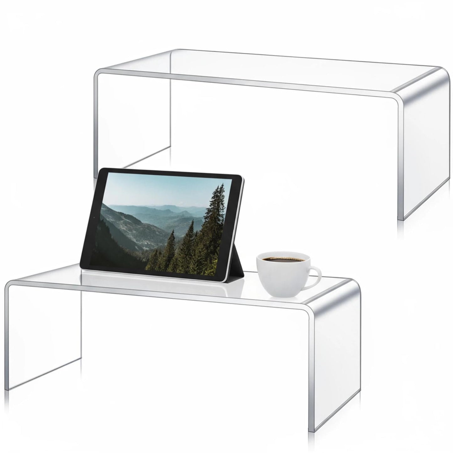 RattanView 2 Pcs 17 inch Large Acrylic Risers Display Stands 8 mm Thick Acrylic Shelf Riser Showcase for Collectibles Jewelry Cupcakes Food Figures Perfume Cabinet (Clear)