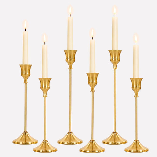 6Pcs Gold Metal Taper Candlestick Holders,Vintage Brass Candle Holders Home Decor for Dining Table Fireplace Mantel Wedding Christmas Thanksgiving Party Housewarming Gift