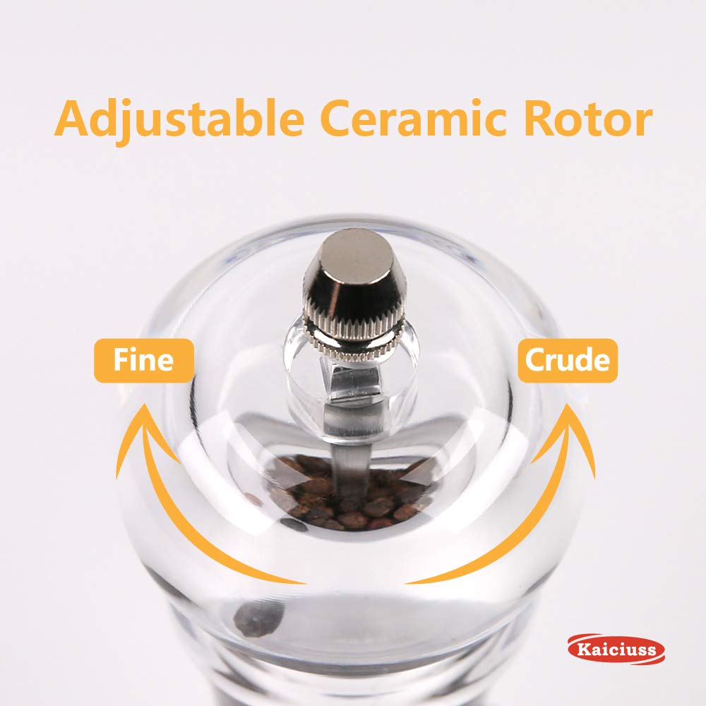 Kaiciuss salt and pepper grinder mill set refillable large,the best transparent acrylic grinders for whole peppercorn and himalayan salt