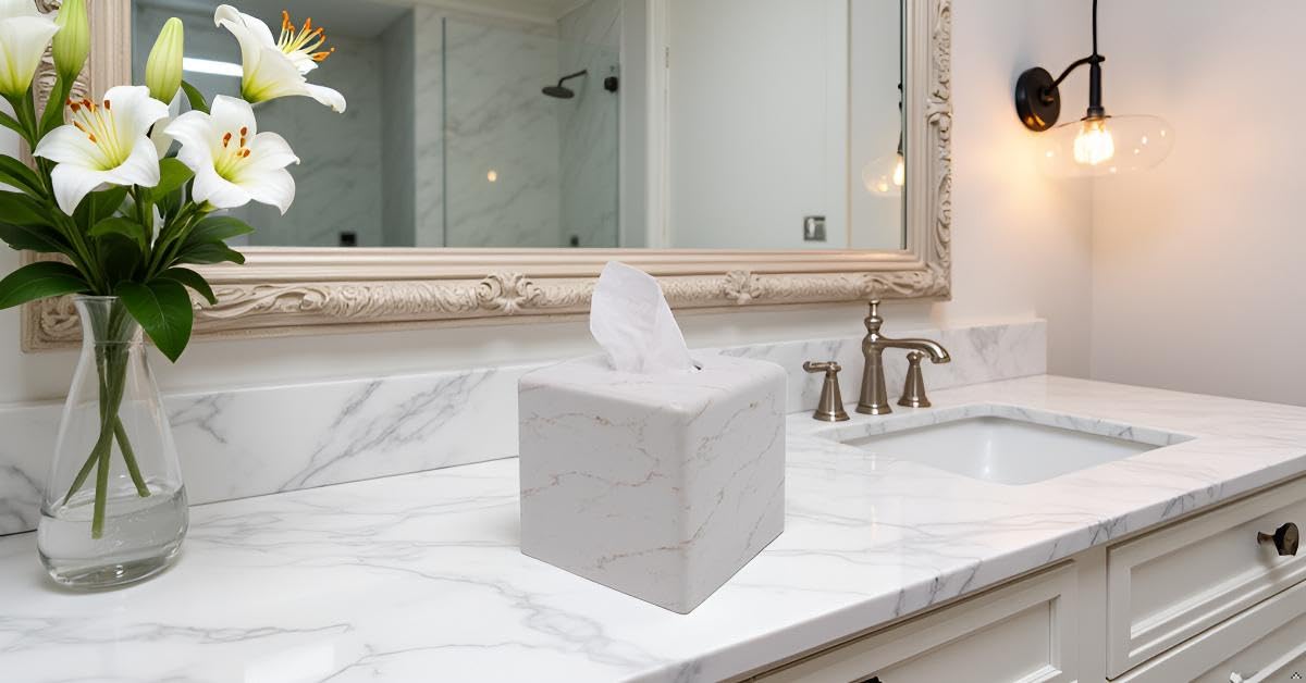 Huitony Square Tissue Box Cover Decorative Kleenex Box Holder for Bathroom & Living Room with Handcrafted Texture (Marble-B)