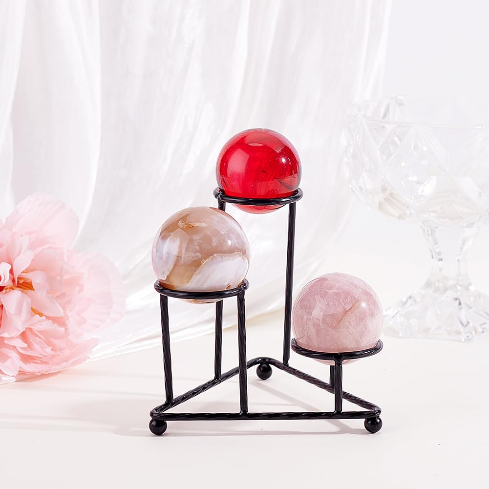AHANDMAKER Metal Crystal Ball Stand Metal Sphere Display Stand 3 Eggs Display Stands Triangular Ball Base Desktop Ornament Rack for Home Office Desktop Decoration for 40mm Sphere, Black