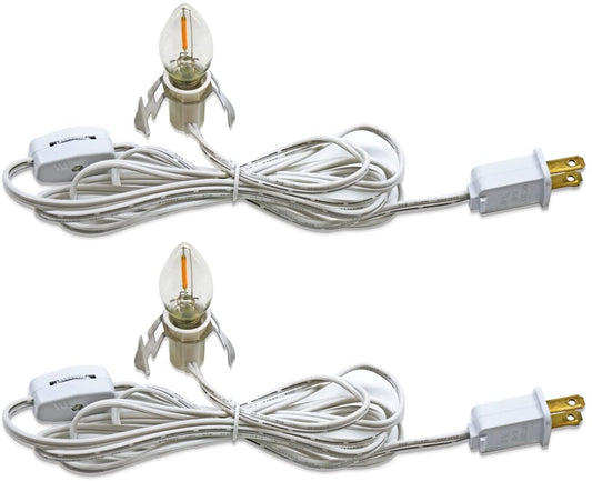 KGC C7 Accessory Cord with 2 C7 Led Light Bulb Candelabra-Base E12 Socket, White Cord with On/Off Switch Plugs for Holiday Decorations, Christmas Village House, Pumpkin Lights