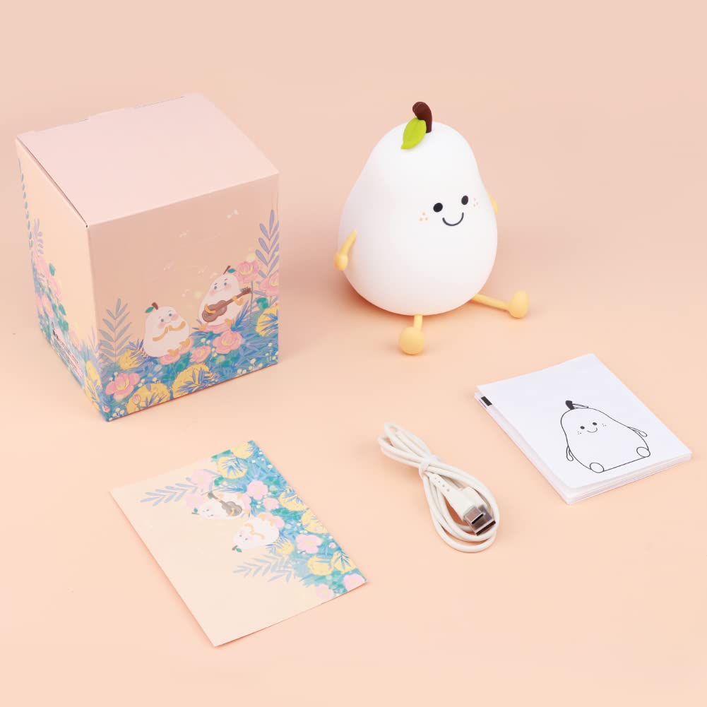 LED Cute Pear Night Light, Rechargeable Silicone Fruit Night Lamp, Kawaii Bedside Lamp, 2 Modes (Warm Light/Multicolor), 30/60 Min Timing, Eye-Protection Portable Nursery Lamp