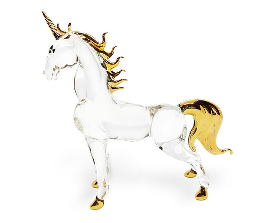 WitnyStore Tiny 4½" Clear Gold Stand Unicorn Mythical Horse Figurine - Miniature Hand Blown Glass Pegasus Alicorn Alaricorn Fantasy Creature Crystal Animals Decorative Collectible Figure Décor Gifts
