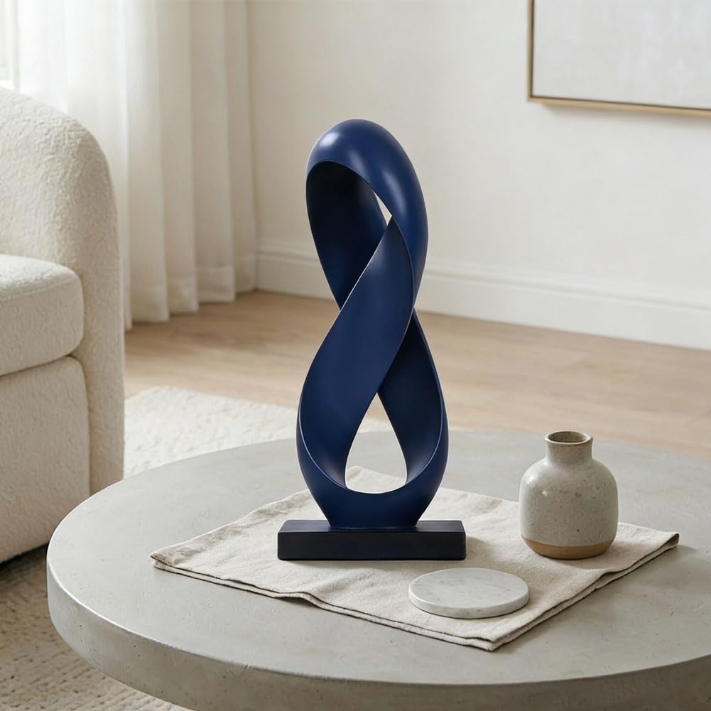 QIANLING 14.6" Tall Abstract Blue Knot Sculpture, Modern Resin Infinity Loop Statue, Modern Tabletop Decor for Coffee Table, Bookshelf, Mantel, Entryway, Living Room Office Accent Centerpiece