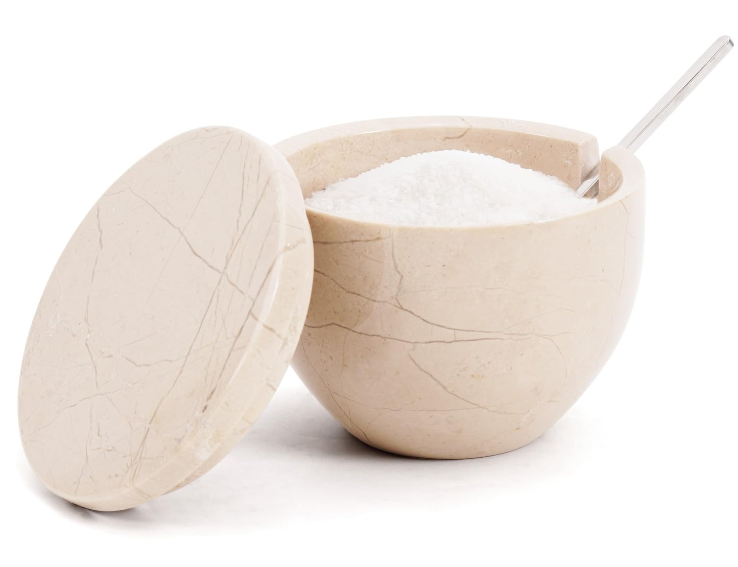 MARBLOUS KRAFTS Marble Flaky Salt Cellar with Lid and Spoon of 4.7 oz Verona Seasoning Container for Countertop Use, Ideal Salt Dish & Salt Jar for Celtic Salts