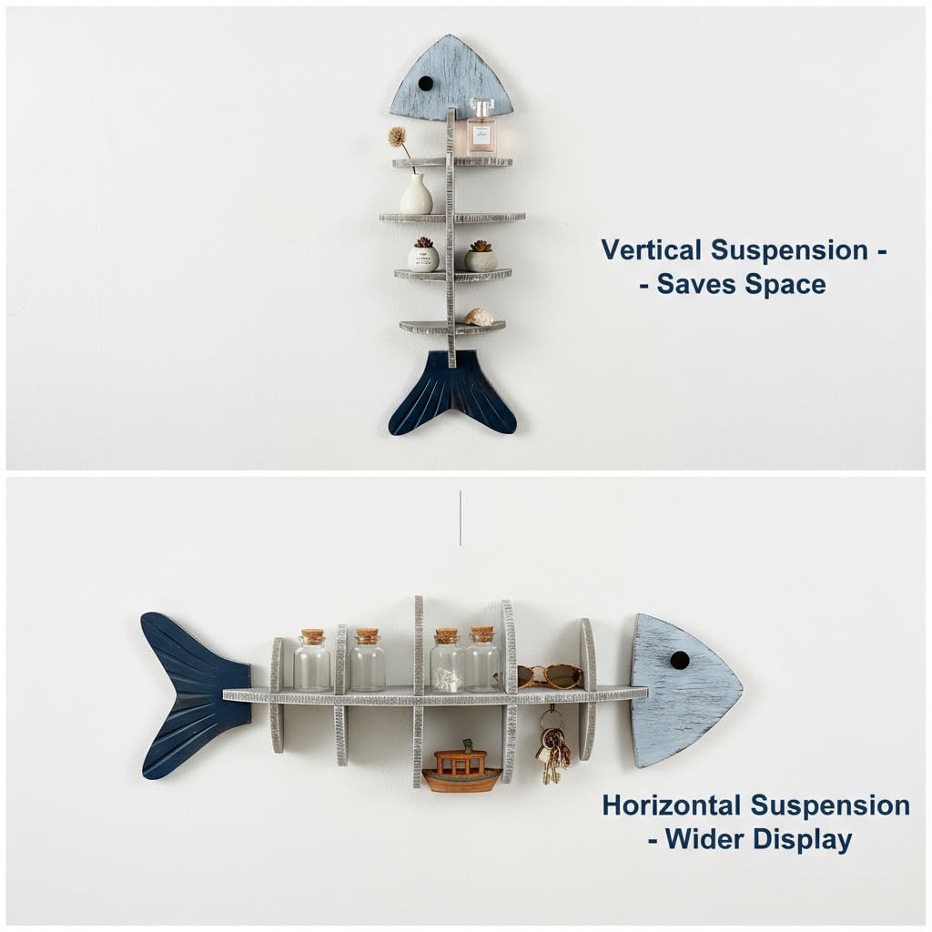 XYZWOMN Fish Bone Wall Decor Display Shelf, Mediterranean Style Wooden Coastal Wall Art, Rustic Nautical Marine Hanging Organizer for Beach House, Bedroom, Unique Ocean Theme Decoration