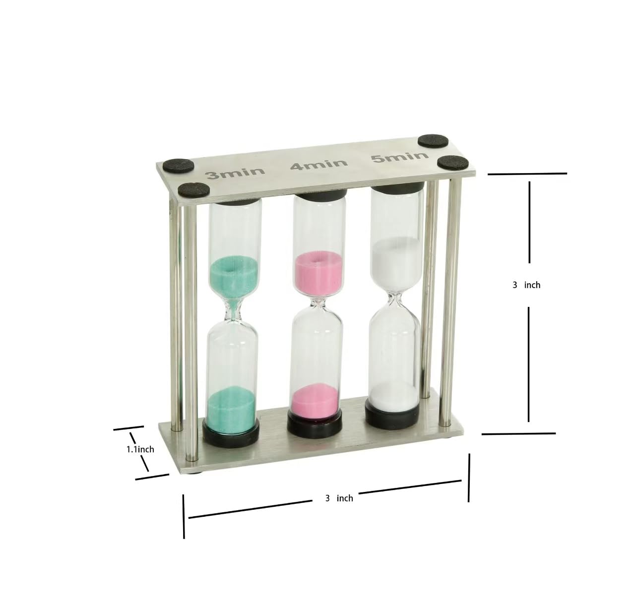 Small 3-in-1 Sand Timer, 3 inch Hourglass with Brushed Stainless Steel Frame, 3 4 5 Minute Kitchen Tea Coffee Cooking Timer, Desk Productivity Tool & Decorative Office Gift Family or Friends Present