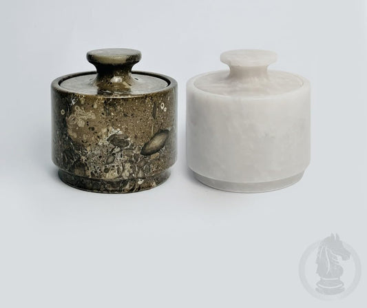 Handcrafted Marble Salt Cellar Set of 2 with Lids | Natural Stone Bowls for Sea Salt, Spices & Herbs | Elegant Kitchen & Dining Room Decor | Multipurpose Pinch Pot with Felt Base (White & Oceanic)
