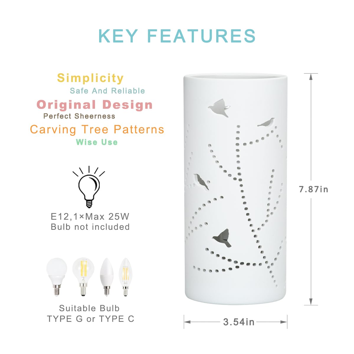 Lampwell Dana Small Modern Ceramic Table Lamp, White, 3.54H7.87IN, Bulb Excluded, Carving Tree