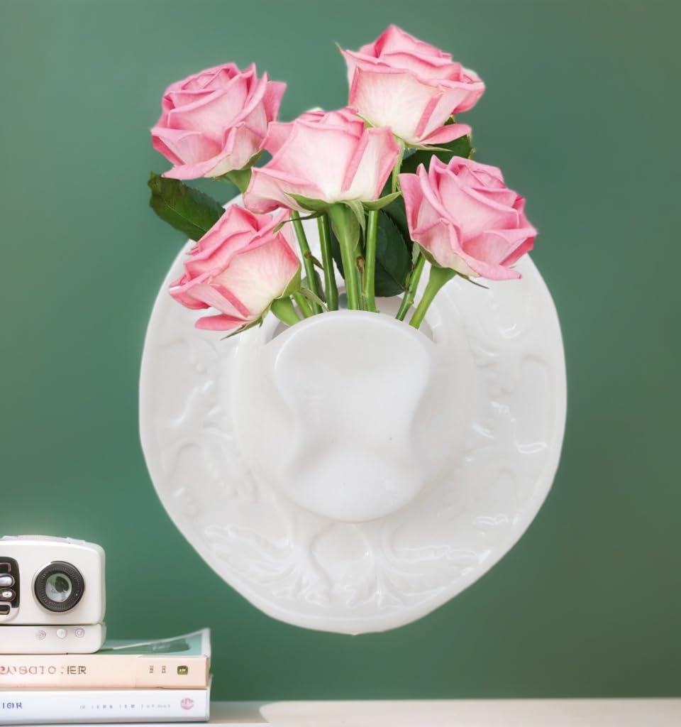 XMMEIMK Vase White Hanging Vase, Ceramic Cowboy Hat Wall Plant Holder, Unique Modern 3D Wall Art Decoration