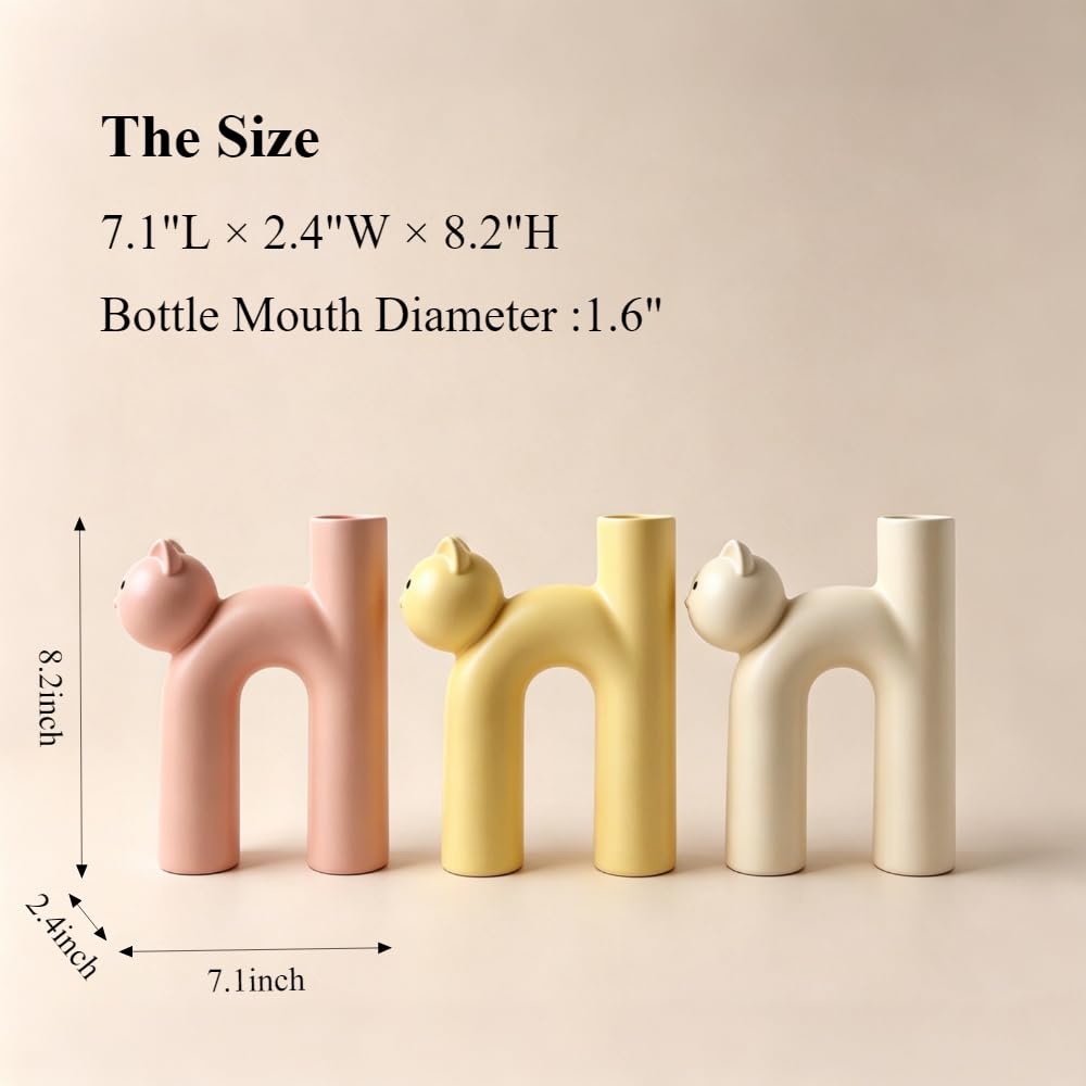 Cat Ceramic Vase Nordic U-Shape, Cute Cat Shaped Bud Vase Minimalist Boho Decor for Room Desk Shelf Entranceway Kitchen Table, Artistic Plant Holder (White)