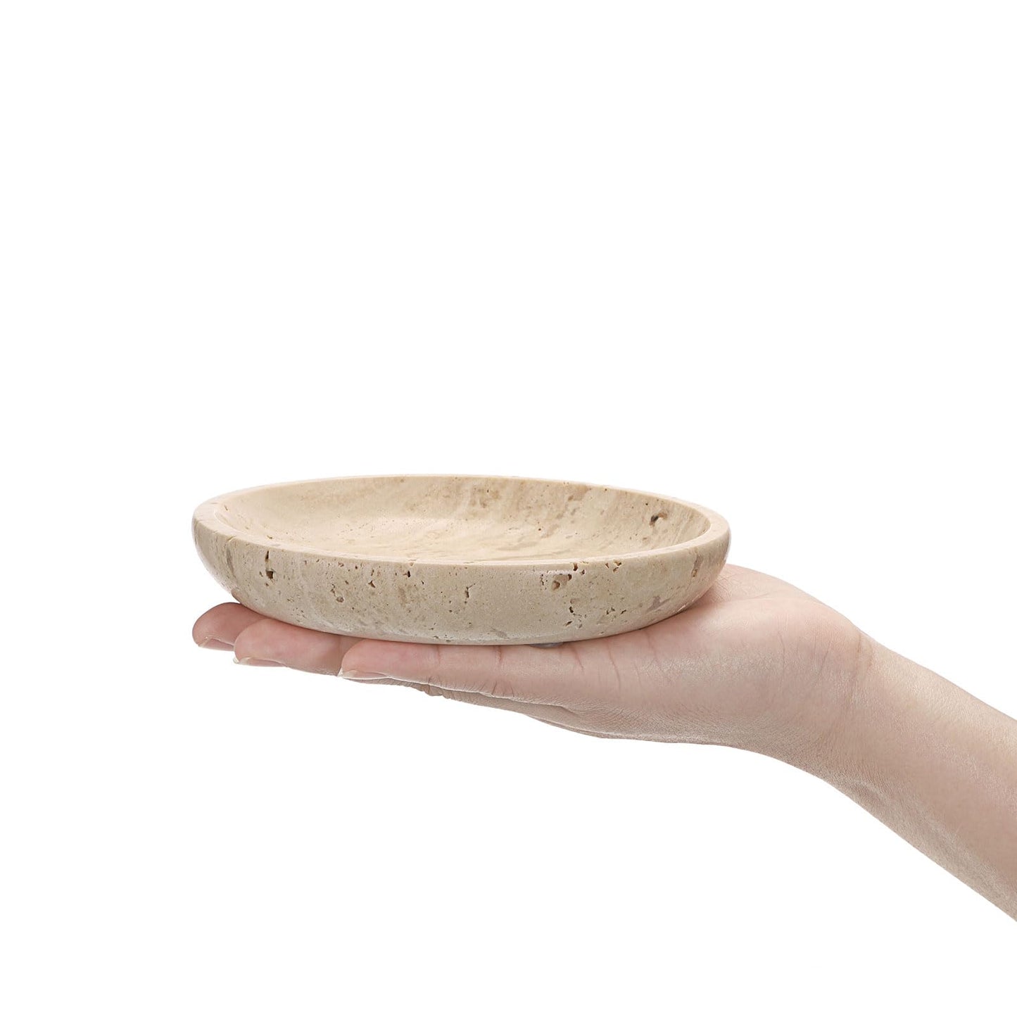 Hipiwe Small Key Bowl for Entryway, 5.5" Round Decorative Ring Holder Dish Natural Travertine Stone Trinket Tray Jewelry Dish Plate Candle Tray for Earring Necklaces Home Decor