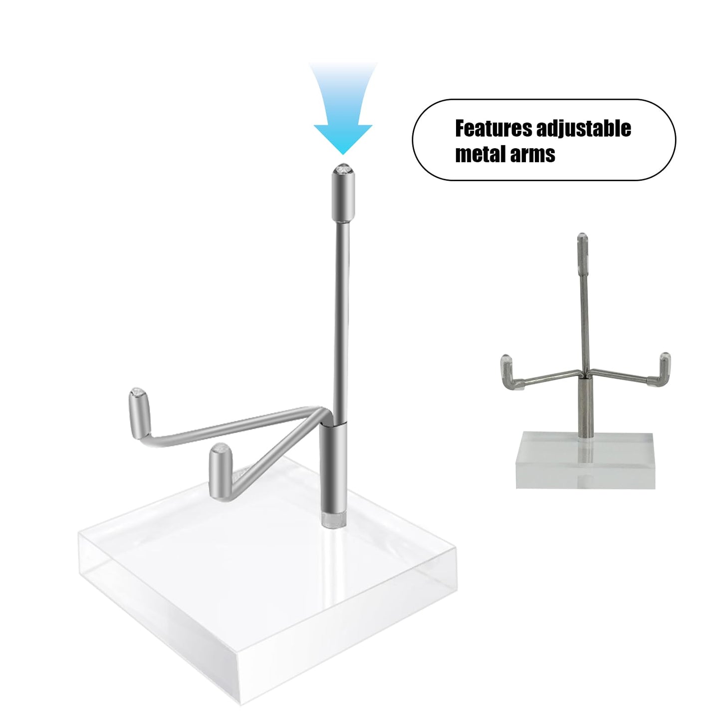 LECEHIVO 20 Pcs Adjustable Metal Arm Display Stand with Acrylic Base Silver Easel Rock Decorative Plate Holder for Picture Book Mineral Geodes Agate Coral Collection