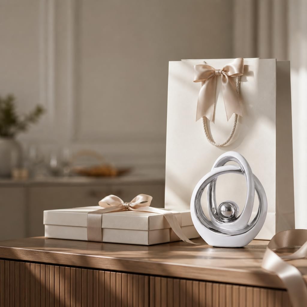 DOVDOV White and Silver Ceramic Abstract Sculpture, Modern Tabletop Statue for Living Room Decor, Decorative Accent for Coffee Table, TV Stand, Mantel, Entryway Console