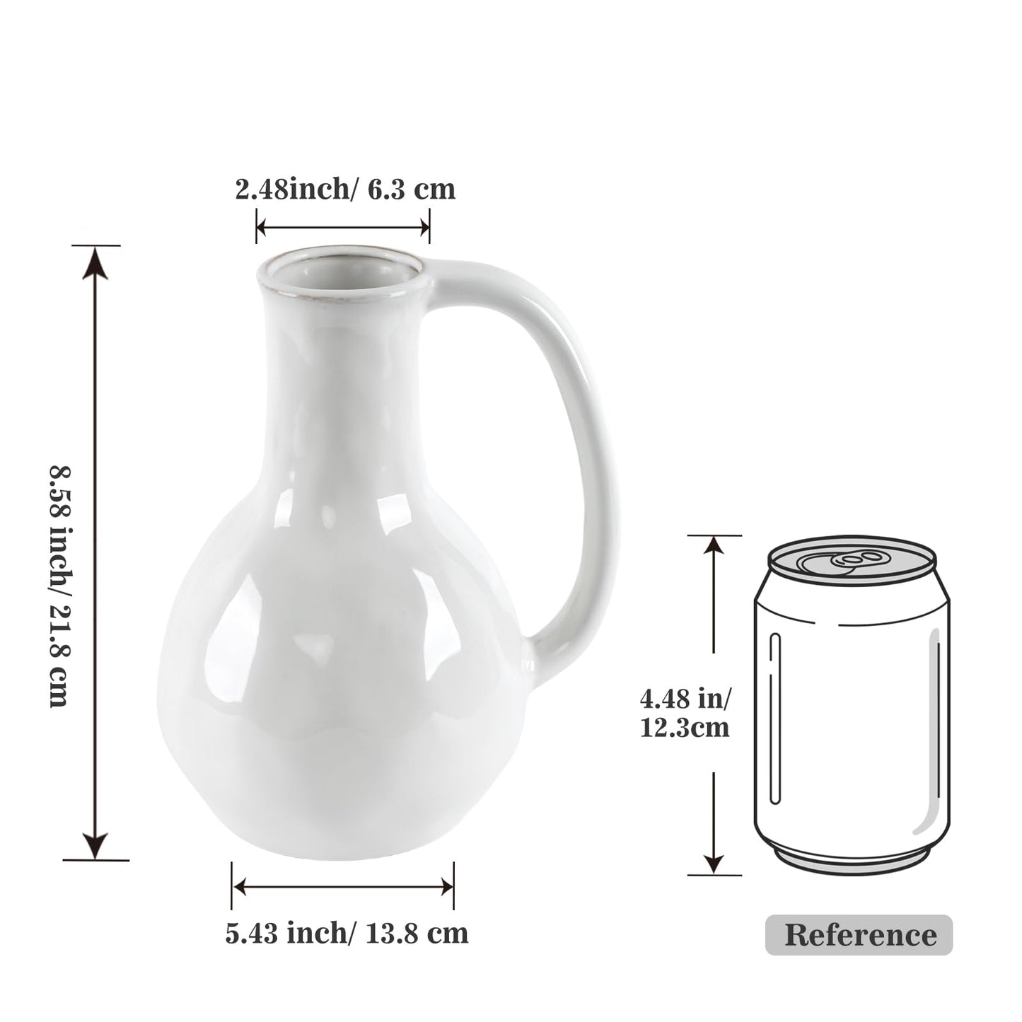 GarDream White Ceramic Vase with Handle, 8.5 Inch Modern Farmhouse Pitcher Vase for Flowers, Rustic Ceramic Jug Flower Vase, Decorative Boho Home Decor for Living Room Mantel Table Centerpiece Office