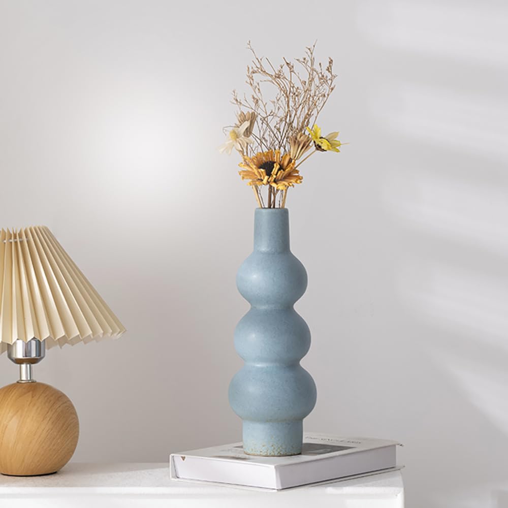 Tmtior 11" Matte Blue Ceramic Vase, Textured Bubble Stacked Ball Flower Vase for Modern Nordic Home Decor, Geometric Porcelain Vases for Bookshelf, Coffee Table, Mantel, Boho Aesthetic Gift