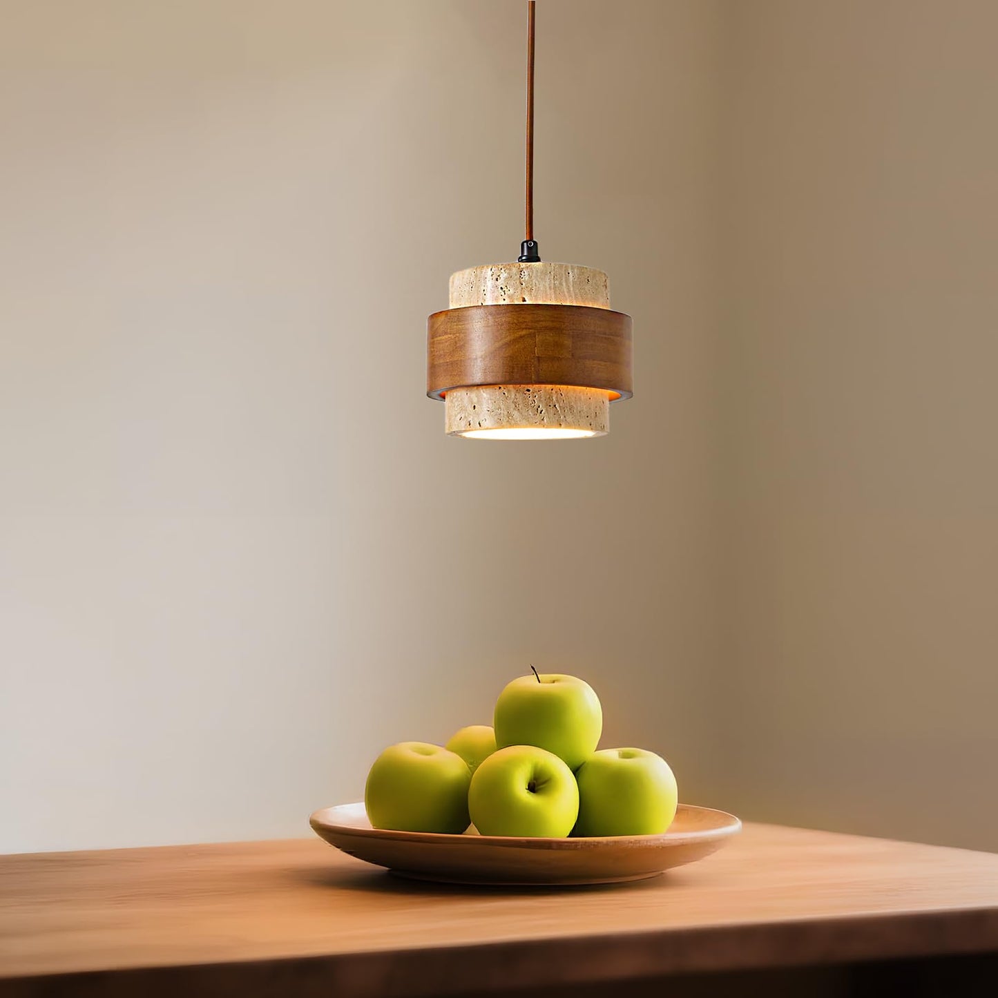 Wabi Sabi Pendant Light Set of 2, Natural Stone Travertine & Wood Hanging Lamp for Kitchen Island, Hallway, Bedroom, Dining Room Ceiling Decor (E26 Bulb, 6.7 in Stone Ring)