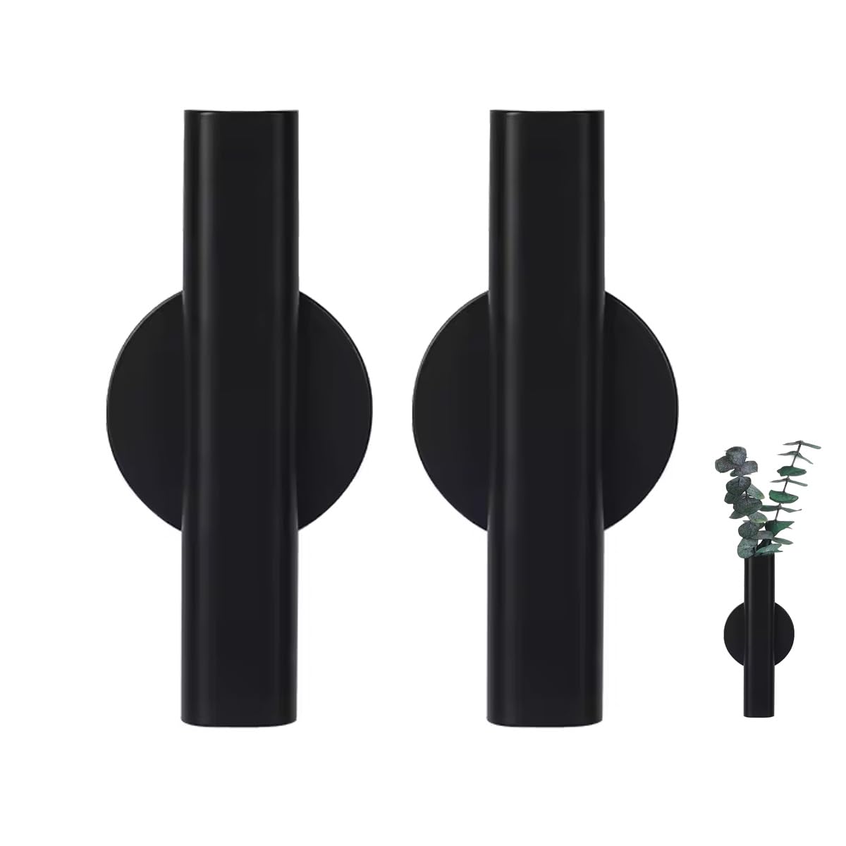 7-Inch Adhesive Wall Flower Tube,Metal Floral Holder Hanging Decoration Sticky Vase,Minimalist Wall-Mounted Open Vase for Flower Display (Black, Large)