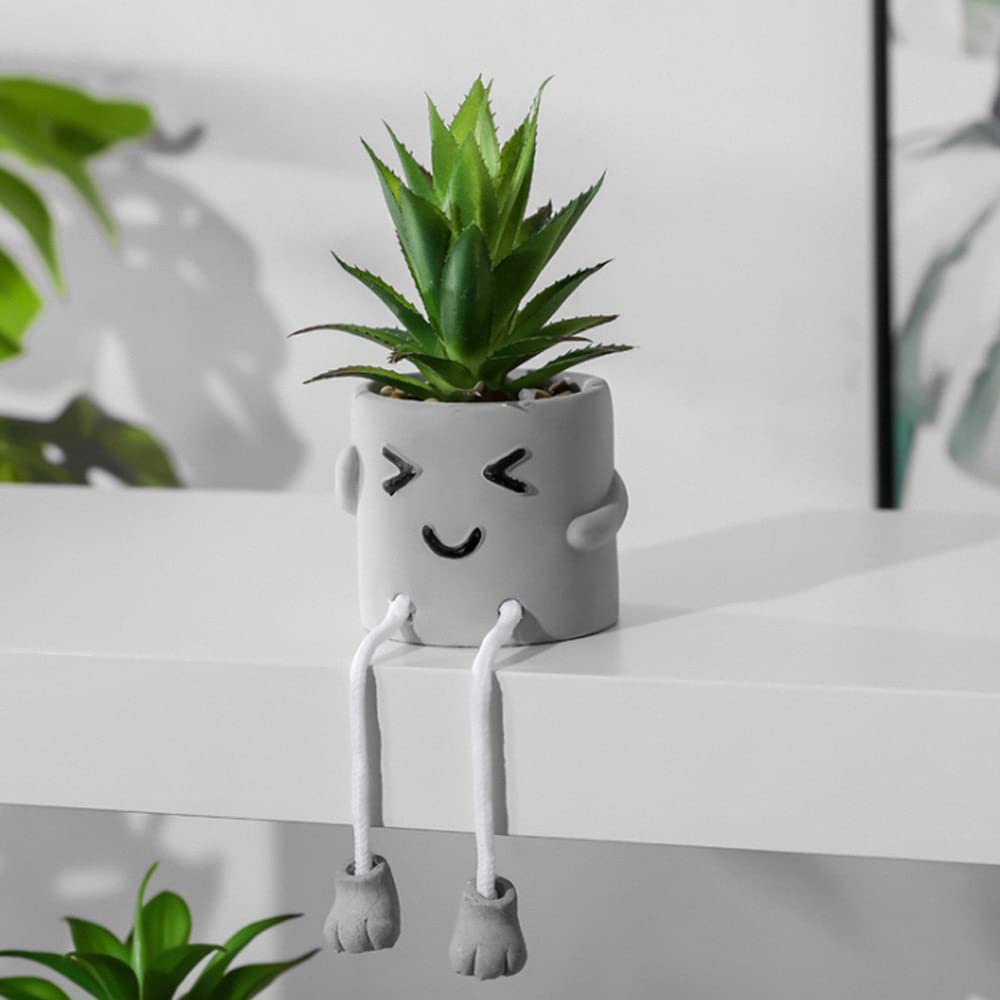 Zerzsy 3pcs Creative Artificial Succulents with Gray Flower Pots Bundle with 2PCS Cute Artificial Succulent Plants with Creative Human Shaped Pots