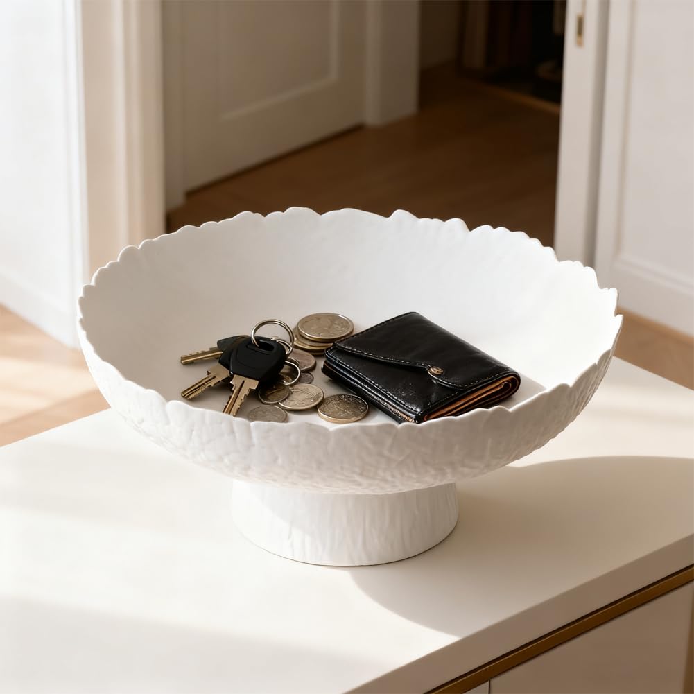 XIYOUQI 10.4” Large White Decorative Bowl, White Pedestal Bowl, Glass Decorative Bowls, Modern Fruit Bowl for Home Decor, Key Bowl, Candy Bowls, Smudge Bowls, Coffee Tables Centerpiece
