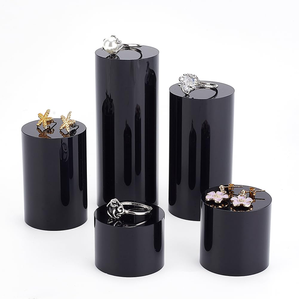 BENECREAT 5Pcs Black Acrylic Display Block 1.2/1.6/2.4/3.2/4 Inch Round Cylinder Solid Display Pedestal Stand for Jewelry Gem Display Pop Figures Cosmetic Showing
