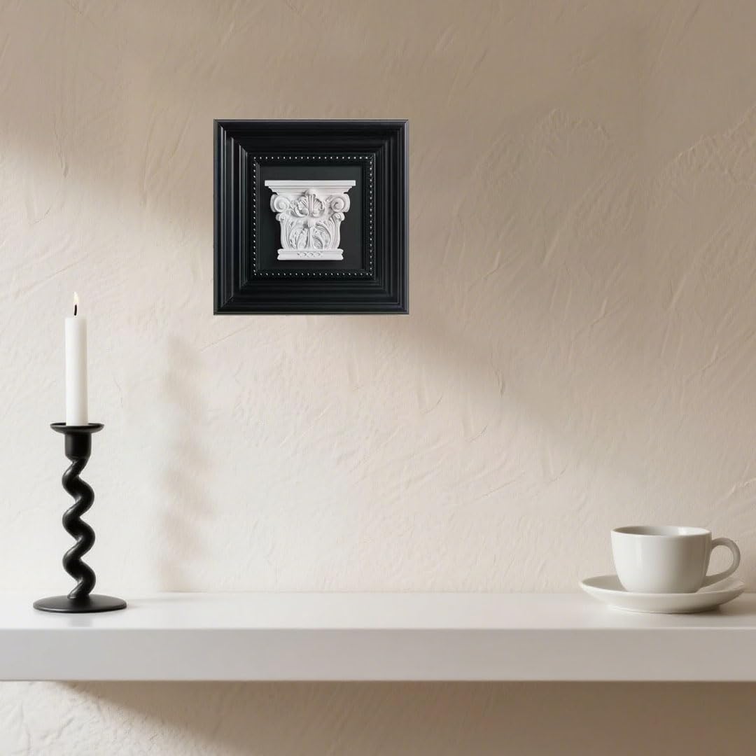 Elegant Black Framed Plaster Wall Art — 3D White Plaster Architectural Accent in Classic Frame, Small Decorative Shelf & Wall Decor for Living Room, Office, Entryway (8.7" x 8.7")