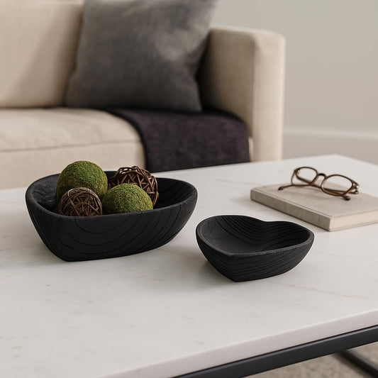 Set of 2 Wooden Decorative Bowls – Accent Bowl Set for Everyday Display, Coffee Table or Entryway Styling – Heart Shape Design for Soft, Sculptural Impact, Home Decor – 10" & 8", Black