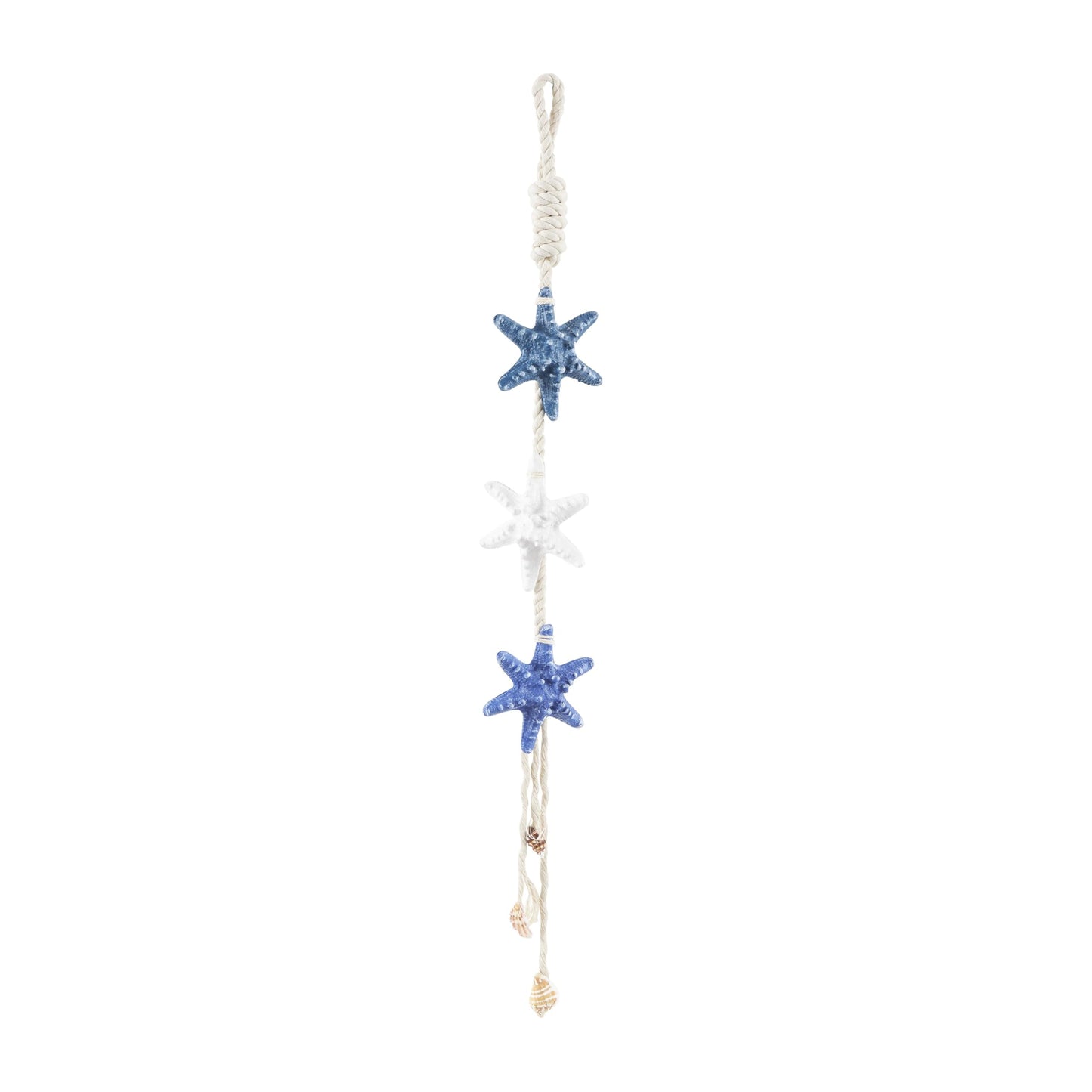 Deco 79 Resin Starfish Handmade Home Wall Decor Layered Wall Sculpture with White Hanging Rope and Seashell Accents, Wall Art 5" x 2" x 34", Cream