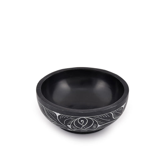 Kaizen Casa Hand Carved Natural Stone Smudge Bowl, White Leaf Design | Size 5' x 2' Black Ritual Bowl Display Jewelry Dish Kitchen Table Decor Gift