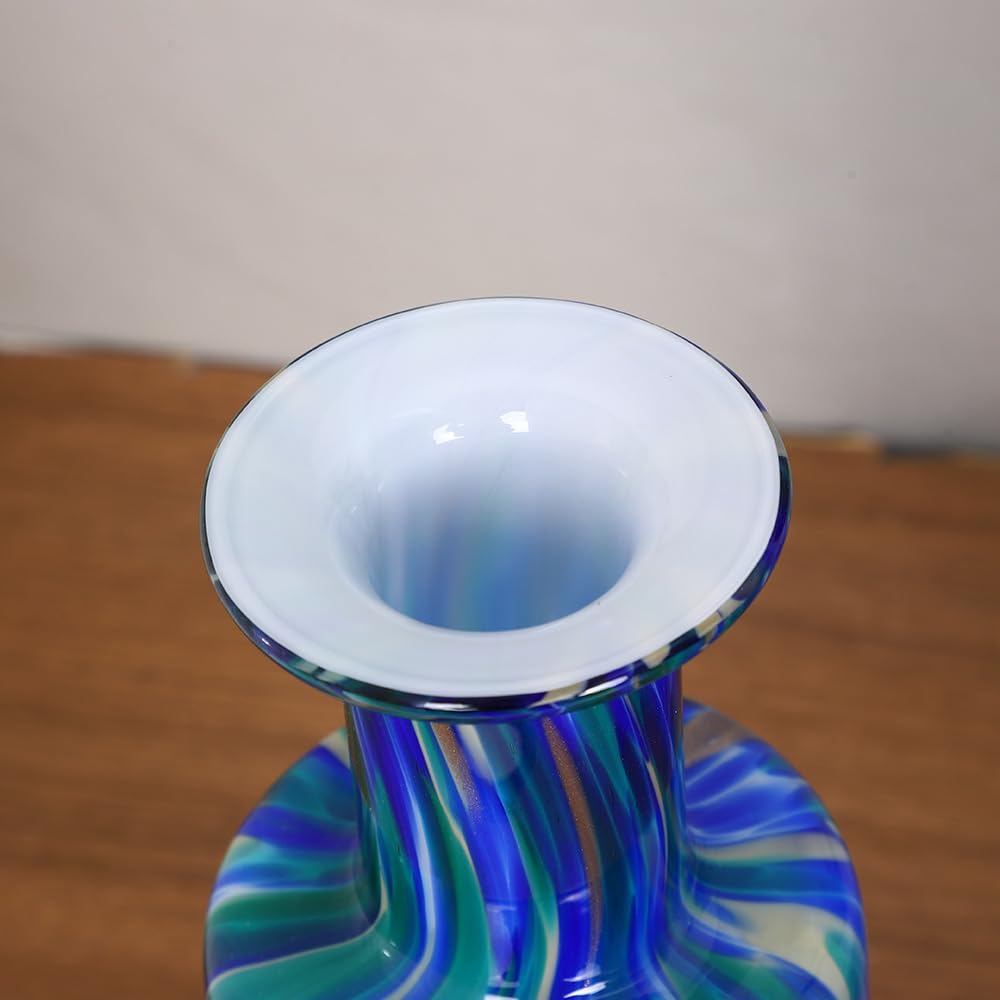 Acever Handblown Art Glass Vase, Blue and Teal Elegant Bottle for Luxury Home Decor (A)
