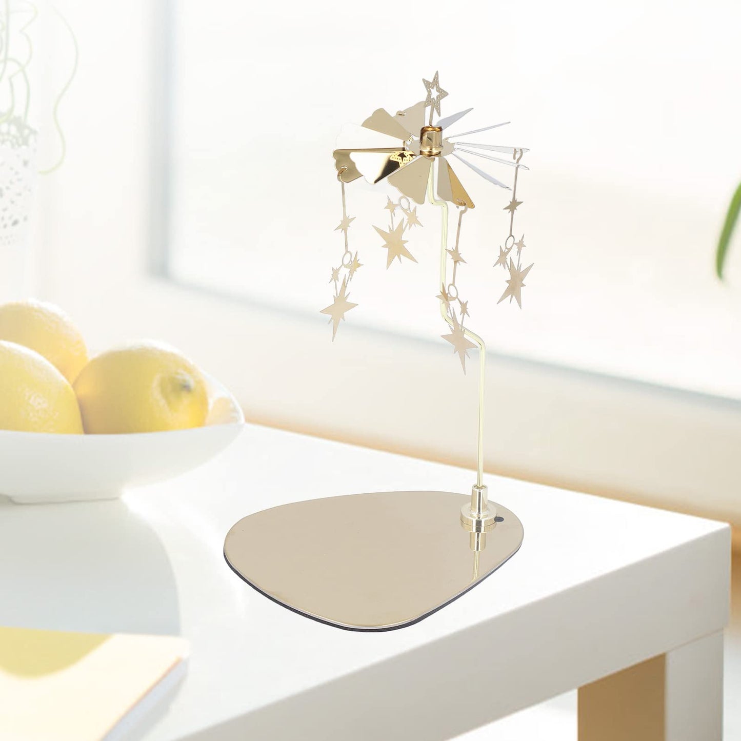 Rotary Candle Holder, Round Triangle Tray Romantic European Stainless Steel Aromatherapy Wind Chime Candle Holder for Home Party Decoration Photo (Gold Star (No
