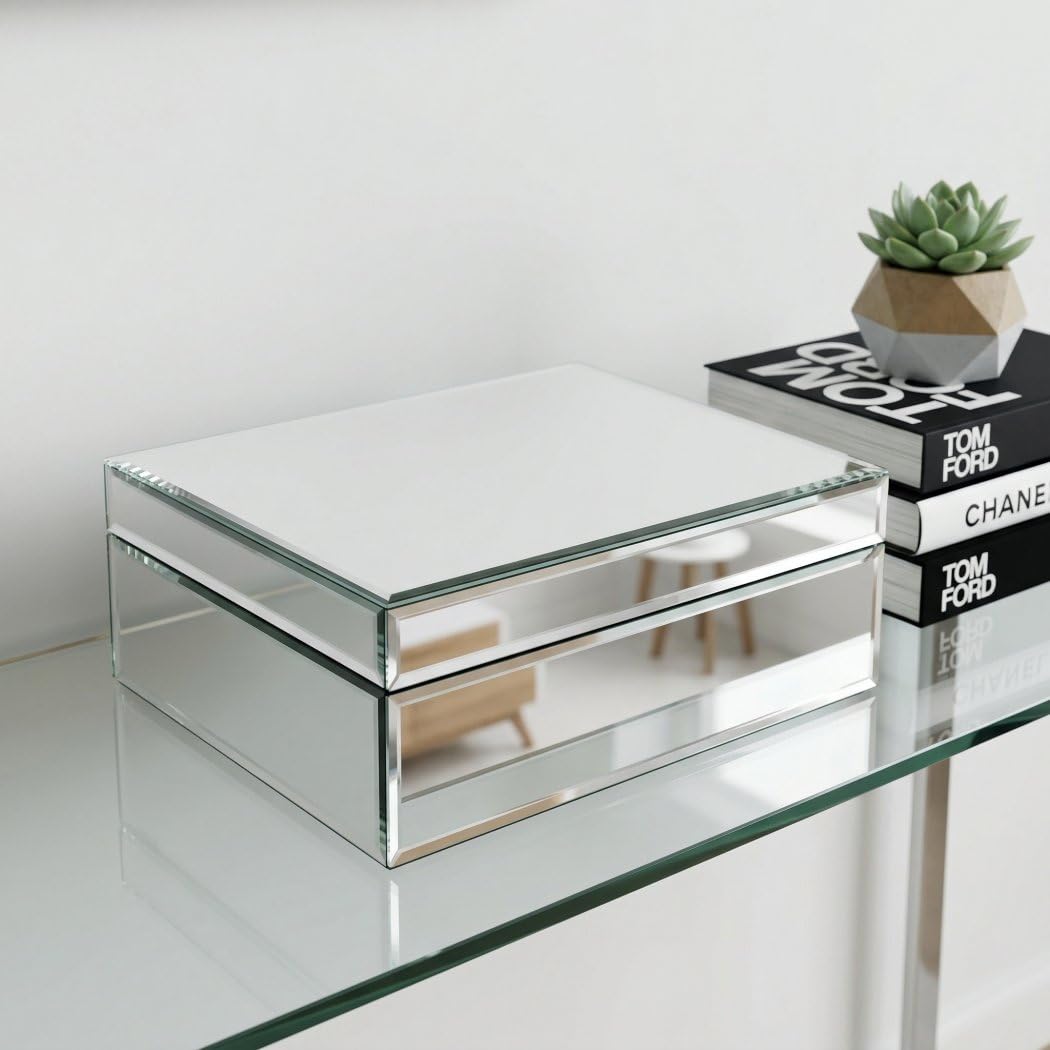 QMDECOR Silver Glass Mirrored Jewelry Box Beautiful Finish Storage Sturdy Organizer High-end Jewelry Organizer Luxury Big Vanity Mirror Box Keepsake Box Attractive Substantial Well Made Jewelry Box