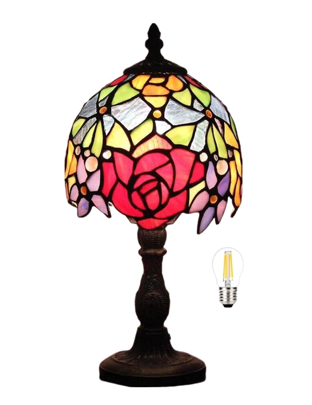 YINIETZSCHE Tiffany Style Table Lamp 8 Inch, Handmade Stained Glass Rose Shade Desk Lamp, Vintage Art Deco Bedroom Nightstand Light with Resin Base, Includes Warm Light Bulb