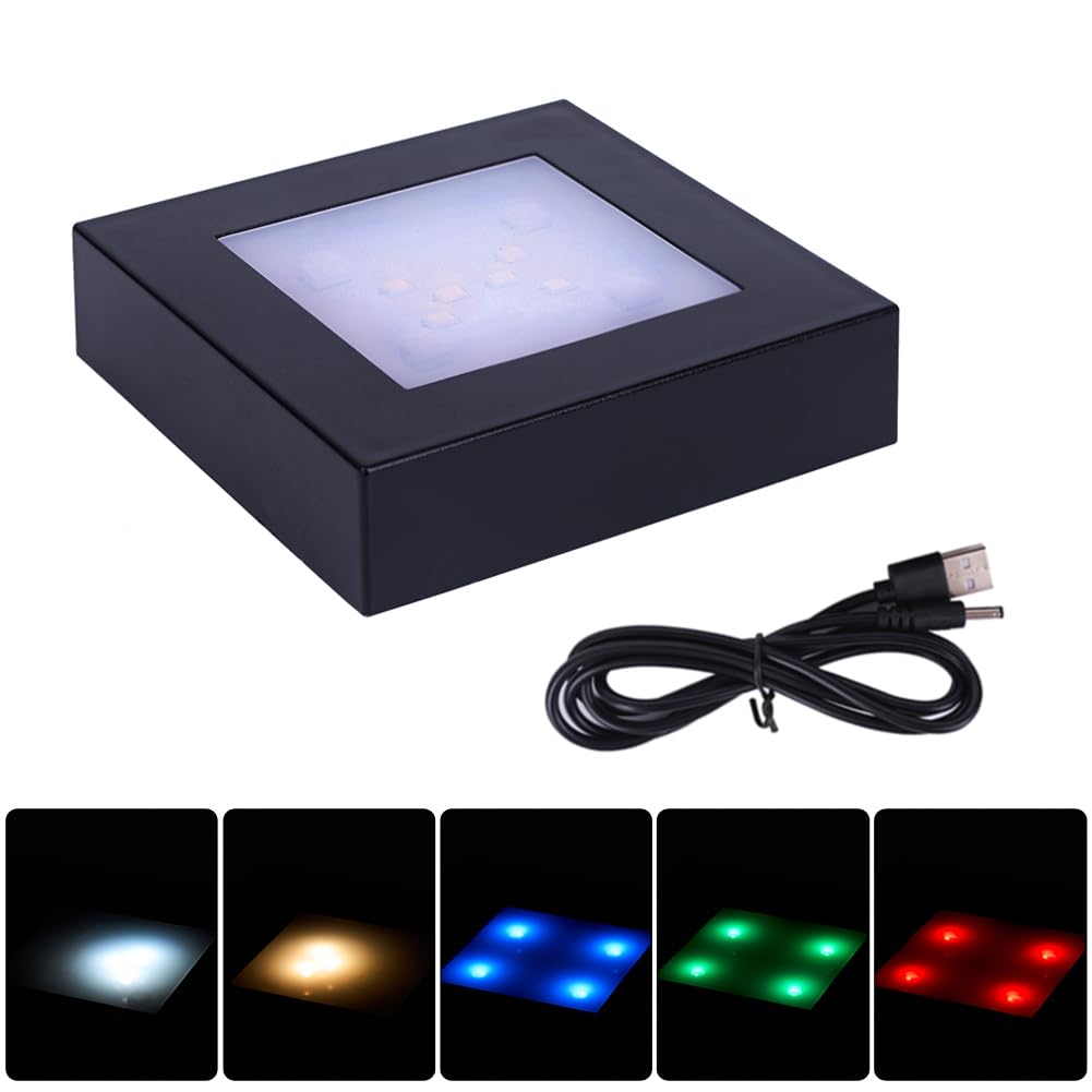 PHOSOK LED Multimodal Multicolor Light Stand Base - Black Square Display Base for 3D Crystal Glass Art - USB/Battery Powered Crystal Stand