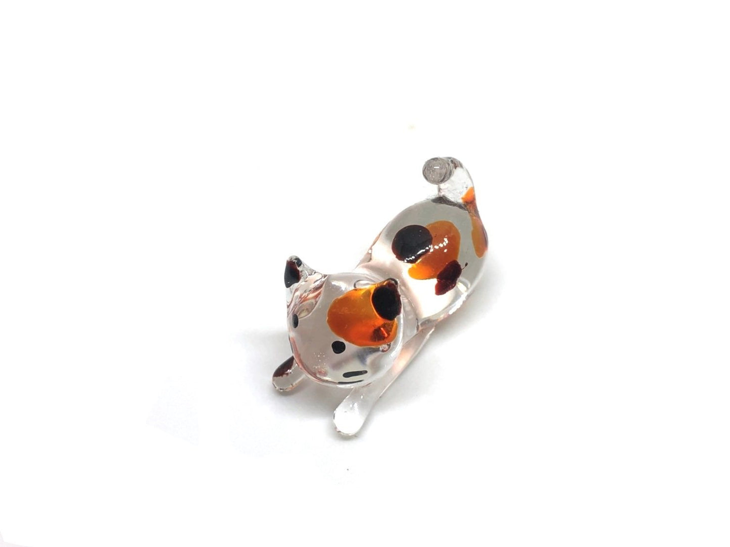 Handmade Mini 2" Cat Figurine Blown Glass Art Chopstick Rest Dinner Decoration, Miniature Pet Animals, Home or Table Decor Gift Ideas (White with Polka Dot Cat No.2)