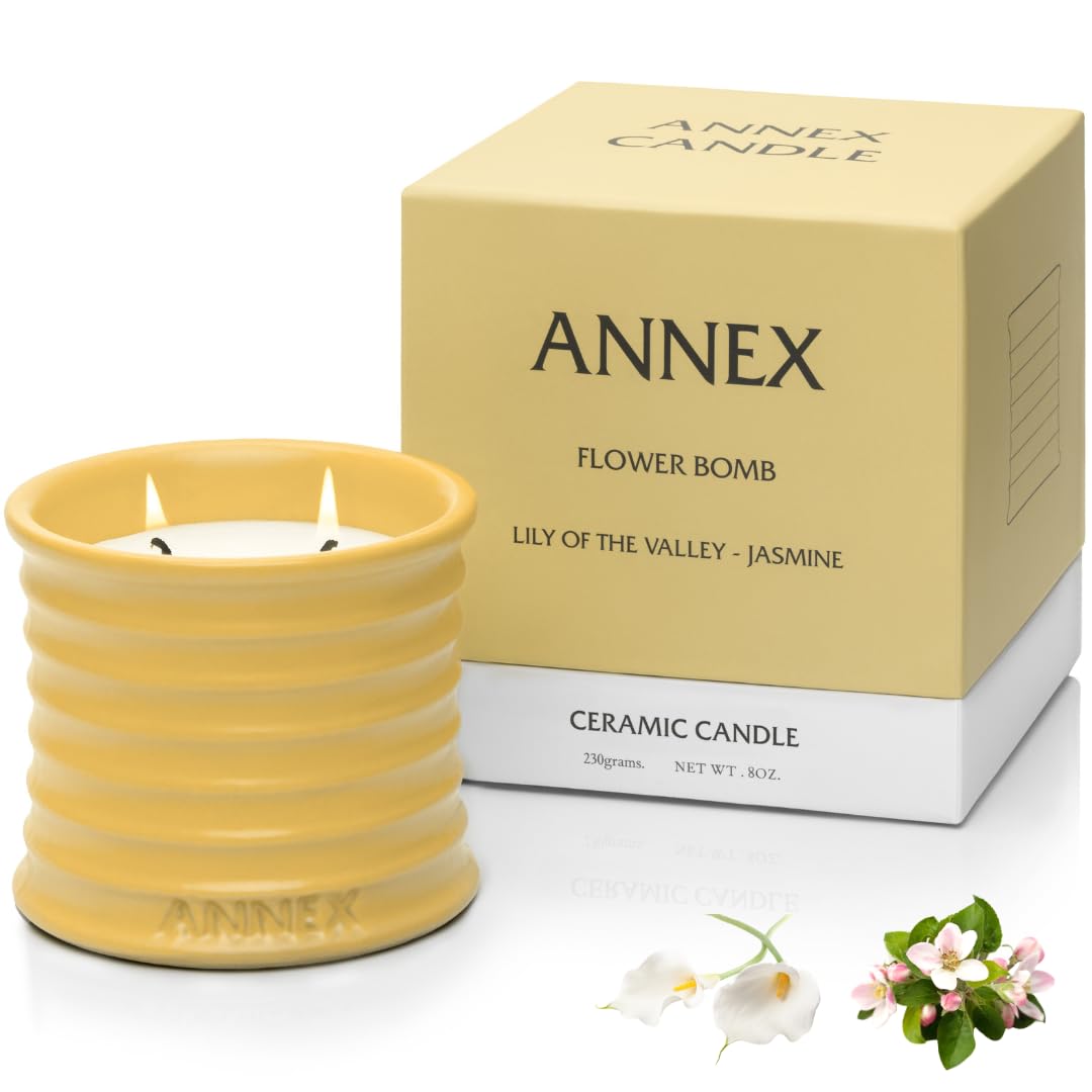 Annex Lily of the Valley & Jasmine Luxury Strong Scented Candle (8oz) Reusable Ceramic Jar – 50hr Clean Burn, 100% Non-Toxic Soy Wax Candle, Home Fragrance – Decorative Candle Gift for Men and Women
