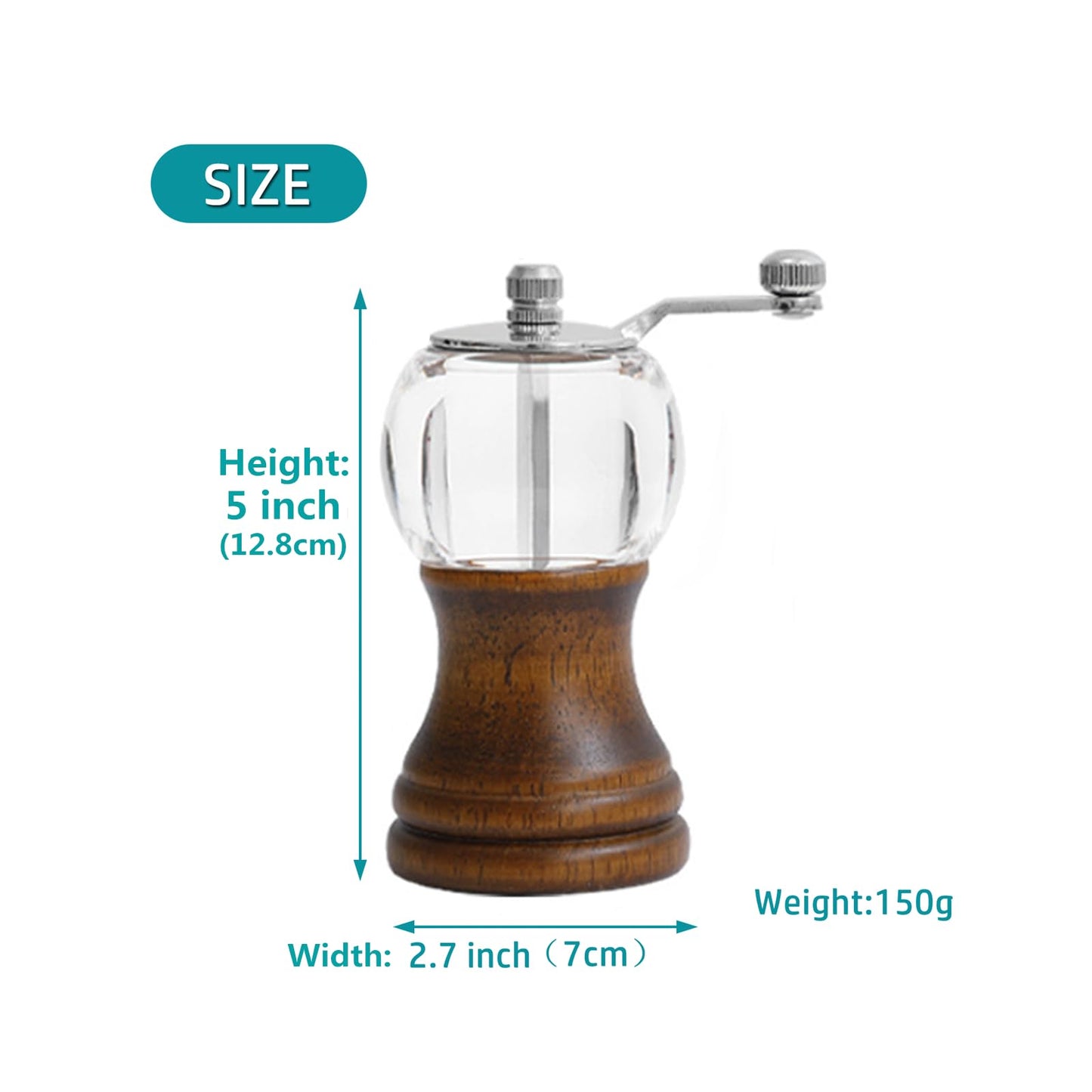 VEIZIBEE Pepper Mill Set Manual Pepper Mills Classical Hand Shake Wooden Pepper Grinder Set Salt Mills Wooden Pepper Mill Ceramic Blades Metal Handle, Enjoy Fresh Ground Pepper (Walnut color 1pcs-5in)