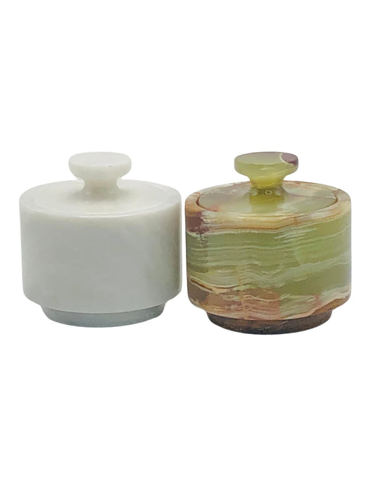Marble Salt Cellar with Lid 2 Pack - Stone Salt Container for Countertop, Salt Box Keeper for Kitchen Counter, 3.5 oz OceanicX Marble Cellar Set (White Green)