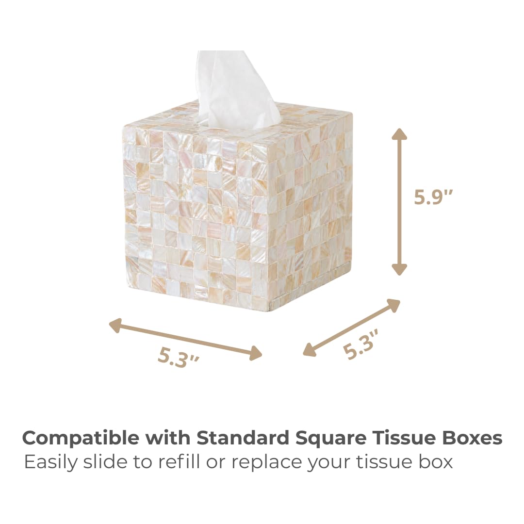 5.9” Mother of Pearl Tissue Box Cover for Kleenex and More – Handcrafted Square Tissue Holder with Sliding Bottom – Decorative Napkin Dispenser for Bathroom, Bedroom, Kitchen, Office
