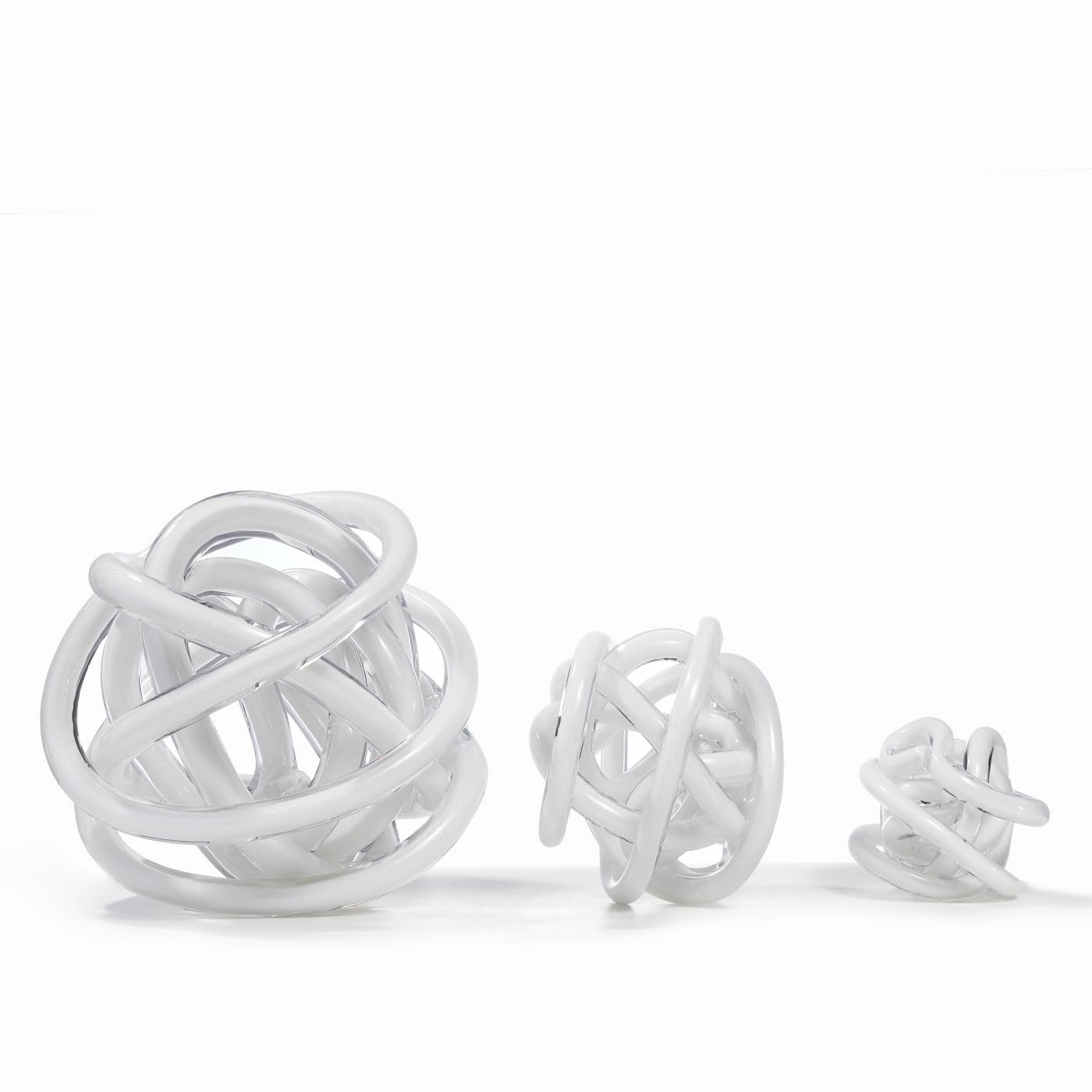 Luxury Lane Hand Blown Infinity Knot Sommerso Decorative Glass Ball for Bowls Home Decor 6 inch Tall Orbit Centerpiece Table Decoration Sculpture White