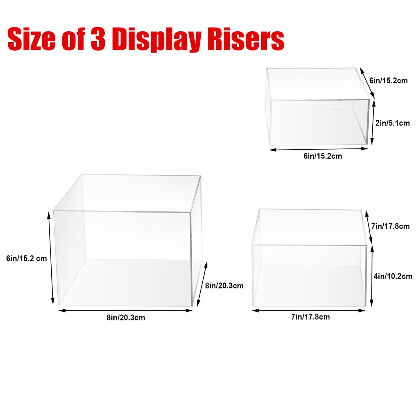 Clisela 3pcs Acrylic Cube Display Stands Box Risers Clear 6" 7" 8"