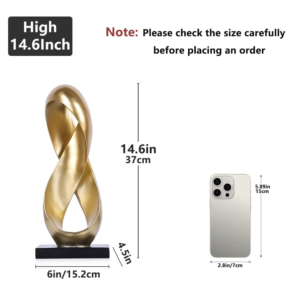 XIYOUQI Large Gold Knot Decor Statue 14.6in Tall, Resin Geometric Tabletop Sculpture for Coffee Table, Gold Statue Decor for Shelves Mantel, Modern Decorative Object Home Accent
