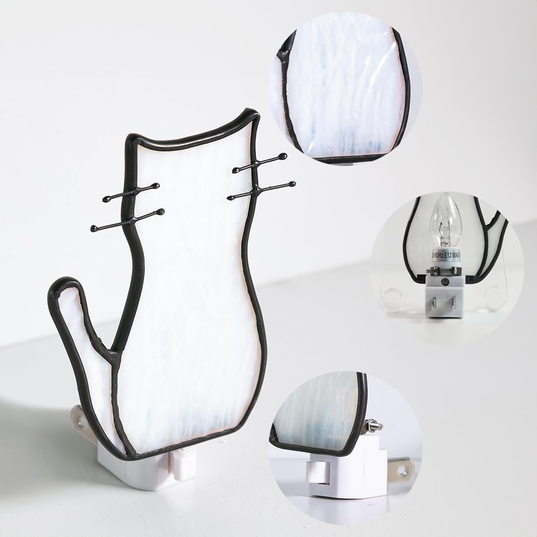 BOXCASA White Cat Night Light Stained Glass Lamp Warm Yellow Plug in
