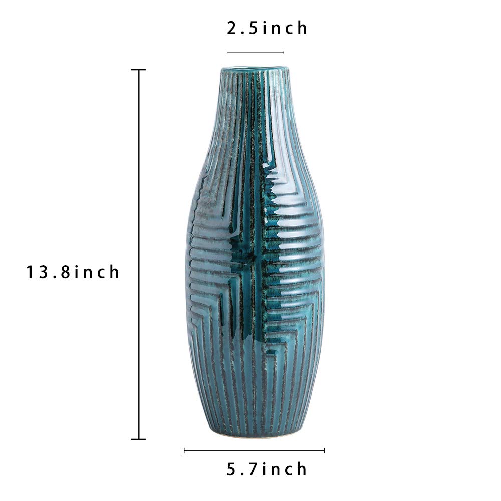hjn Teal Hand-Glazed Ceramic Vase - 13.8" H Modern Decorative Centerpiece Vase for Fresh/Dried Flowers, Home Decor for Living Room Bookshelf Mantel | Wedding Housewarming Gift